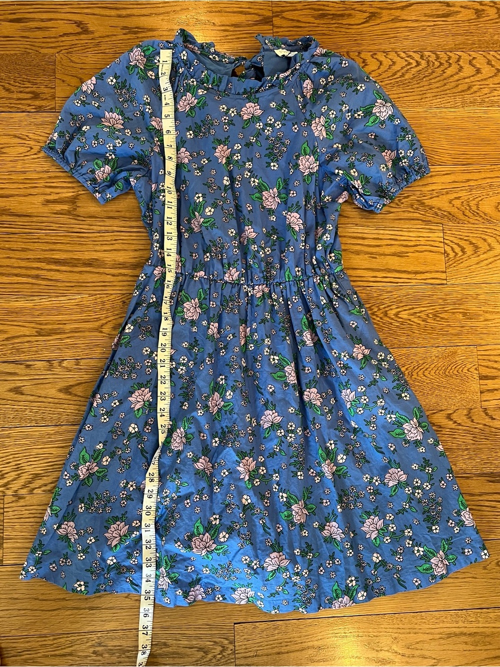 J. Crew Blue Floral Mini Dress with Puff Sleeves, Smocked & Tie Back 100% Cotton - Picture 7 of 10